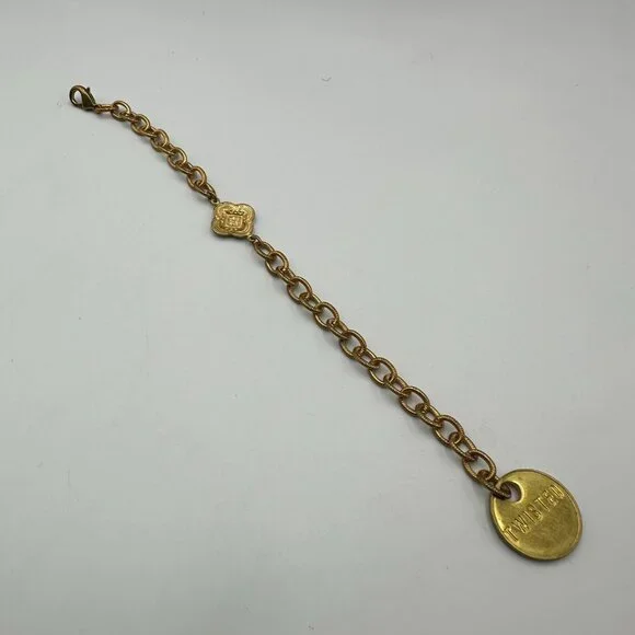 Twisted Silver Brand Bracelet Gold Tone Chain Link Medallion Charm 7.5 Inch - Picture 6 of 8